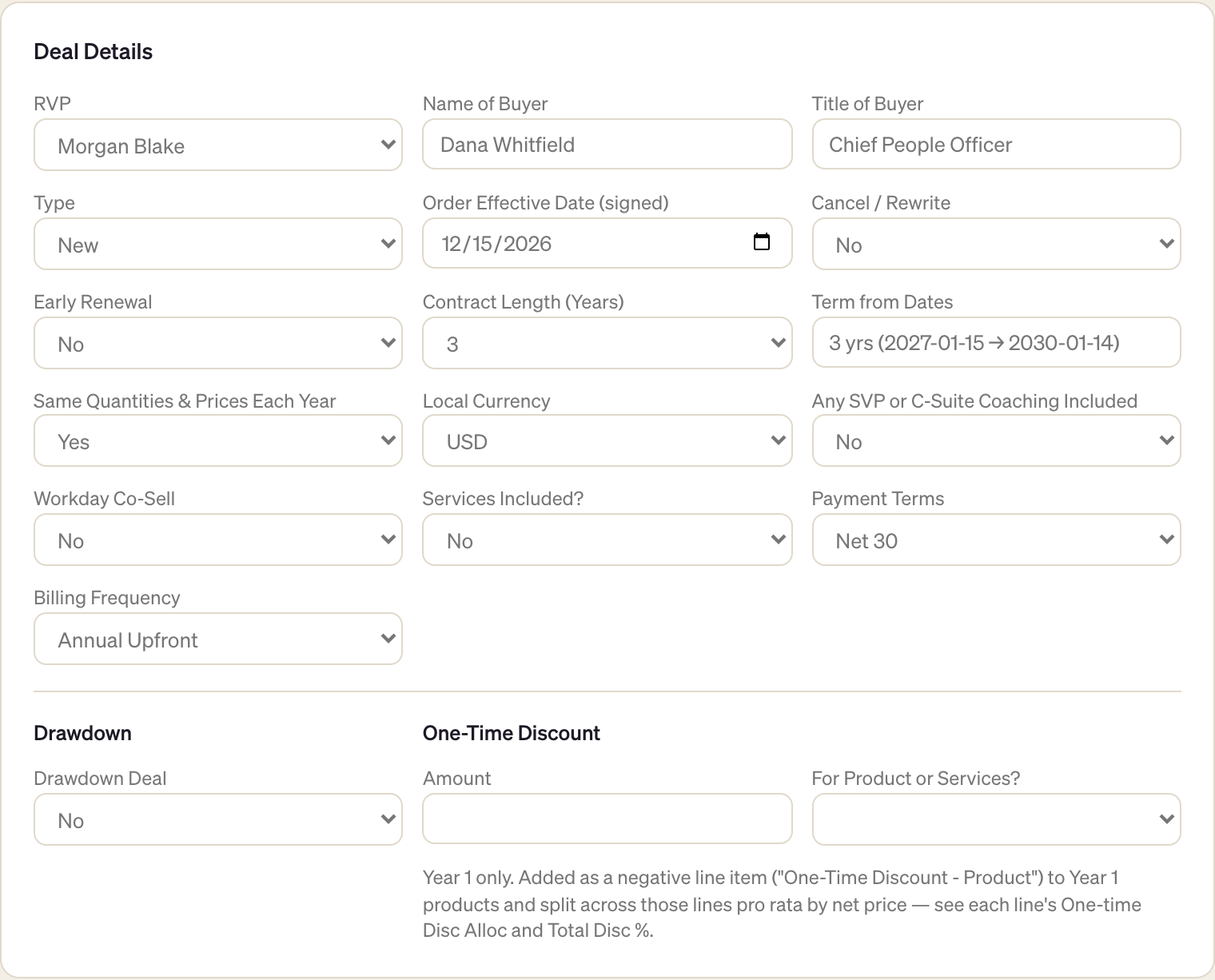 Deal Details form filled in: RVP, buyer, type, dates, contract length, currency, payment terms, billing frequency and drawdown