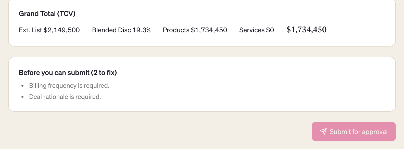 Before you can submit box listing two items left to fix, above a disabled Submit for approval button
