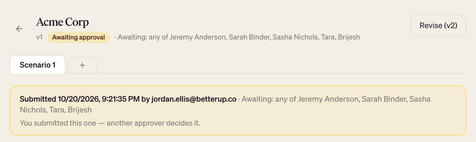 Calculator header showing Awaiting approval and the approvers it was routed to