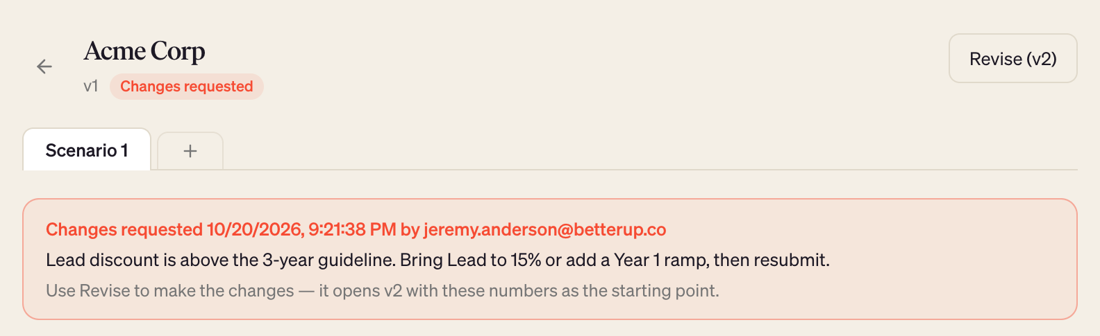Changes requested banner with the approver's note and the Revise button